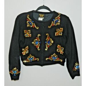 I Did It Sweater Cardigan 1960's Vintage Medium Black Sequins Lambswool Lined‎